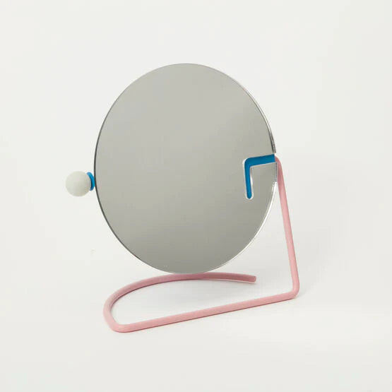 Small circular mirror with pink blue and white wired accents