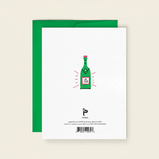 Greeting card with a green bottle illustration on a white background