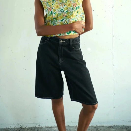 Wide Leg Jean Shorts - Black
