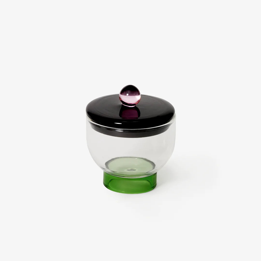 Areaware glass Salt Bowl with green base, clear body, and black and pink lid