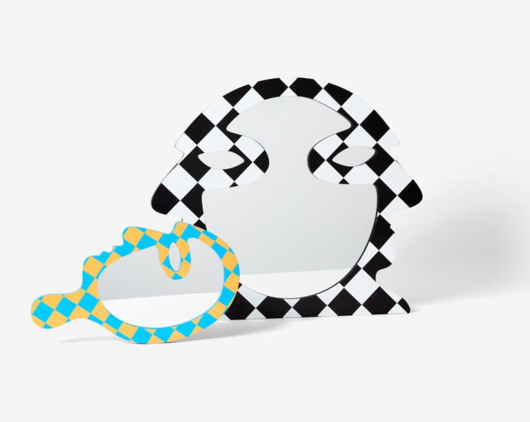 Areaware profile vanity hand mirror in blue and yellow checkered pattern
