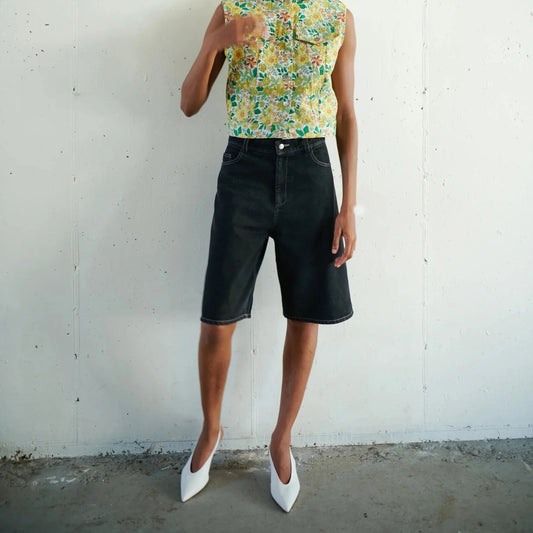 Wide Leg Jean Shorts - Black
