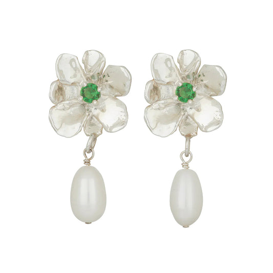 Flower Pearl Drop Earrings –  Lizard Green