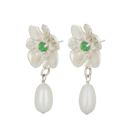 Flower Pearl Drop Earrings –  Lizard Green