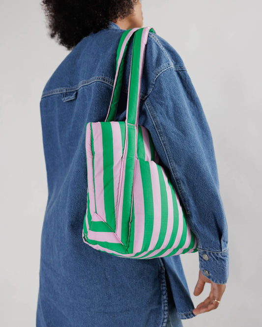 Puffy  Kelly Green and Baby Pink Striped Shoulder Bag