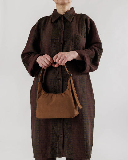 Brown Mini Nylon Shoulder Bag with Black Zipper