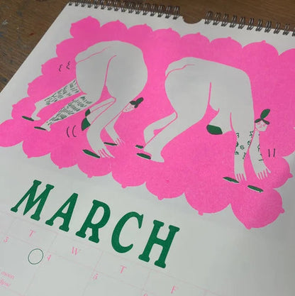 Calendar page for March with pink floral design and white figures on a pink background.