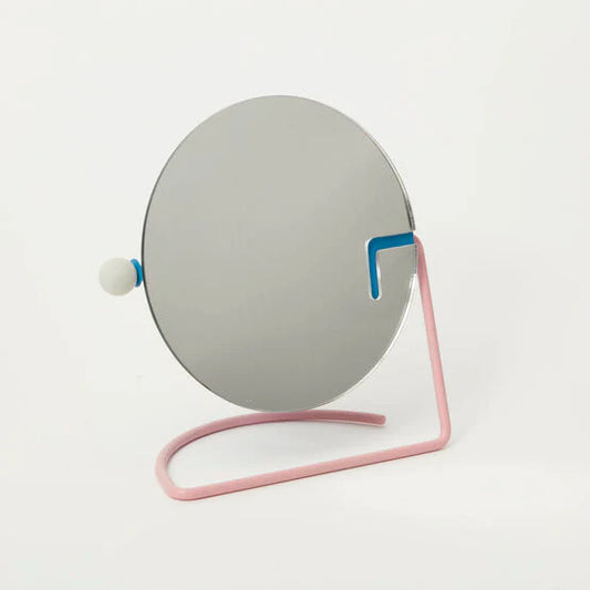 Small circular mirror with pink blue and white wired accents