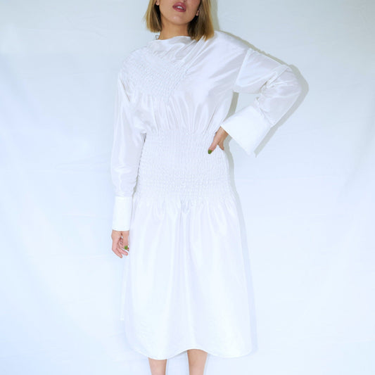 Smocked Long Sleeve Dress - White