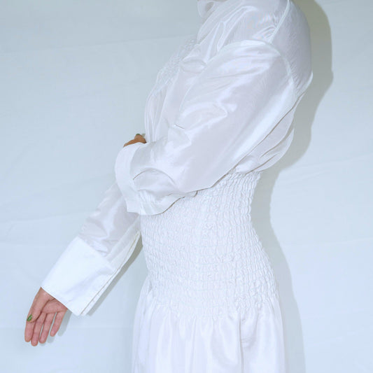 Smocked Long Sleeve Dress - White
