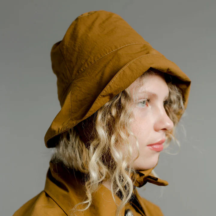 Person wearing a brown coat and hat against a gray background