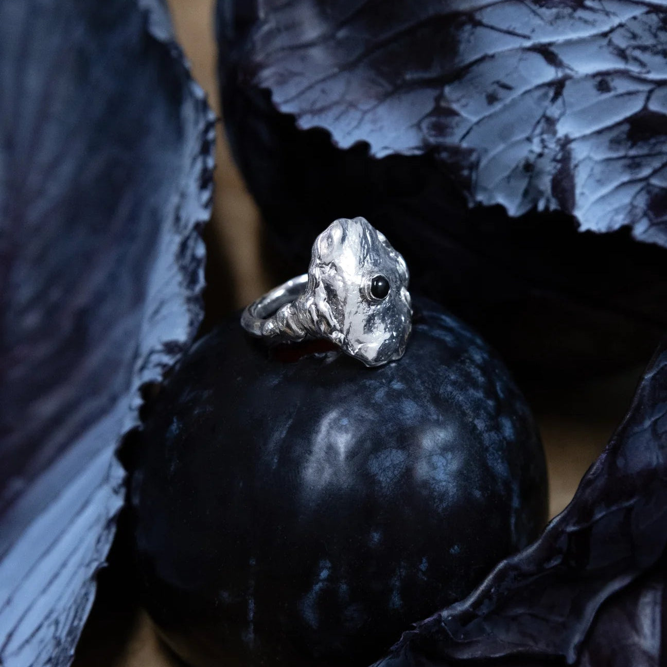 Silver ring with a large diamond on a black stone