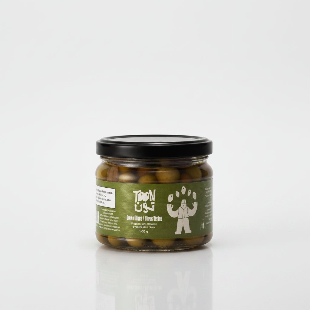 Jar of pickled olives with a green label on a white background