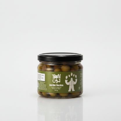 Jar of pickled olives with a green label on a white background