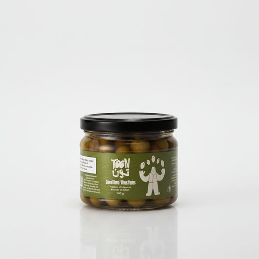 Jar of pickled olives with a green label on a white background