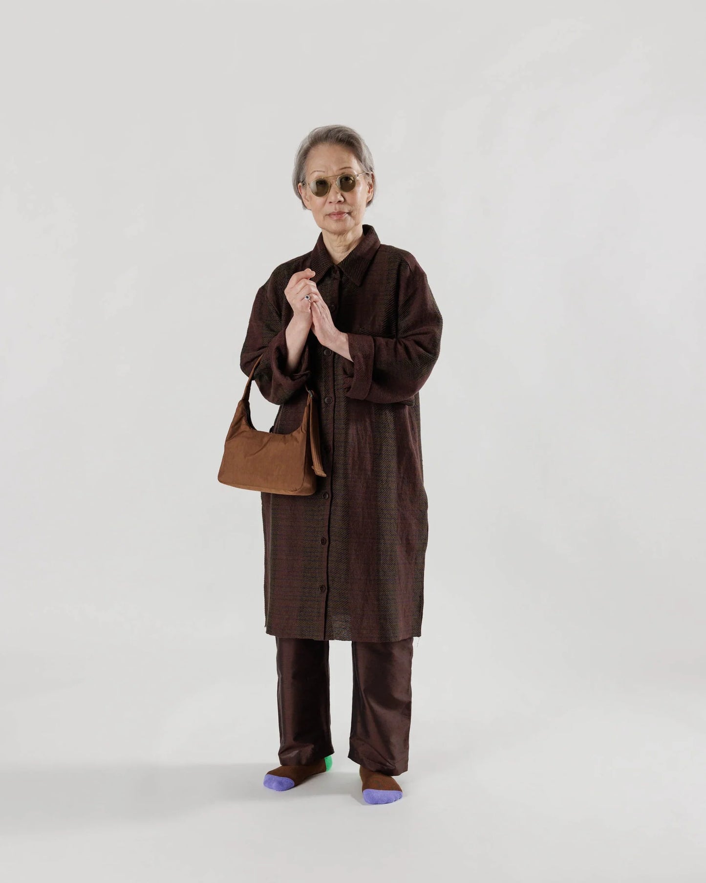 Brown Mini Nylon Shoulder Bag with Black Zipper