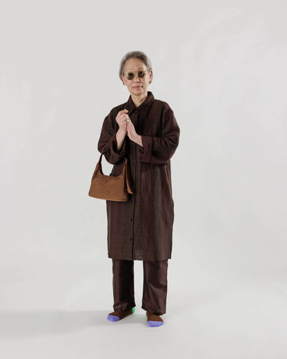 Brown Mini Nylon Shoulder Bag with Black Zipper
