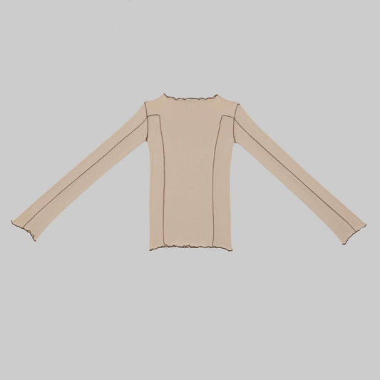Beige long-sleeve top with exposed seams on a light gray background
