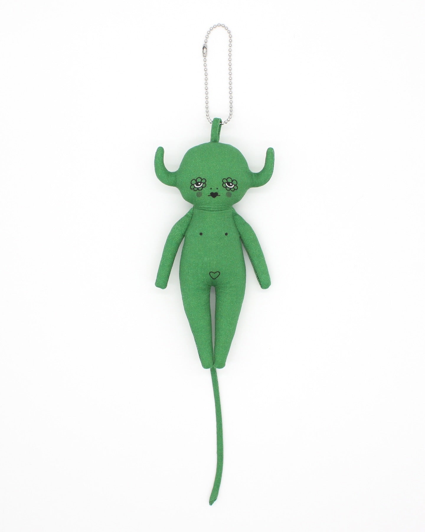 Green plush devil toy charm with long tail on a white background