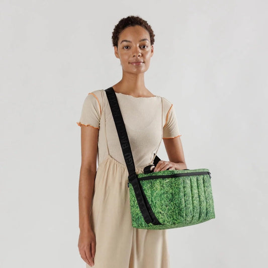 Grass Pattern Puffy Insulated Cooler Bag with Black Strap with De-bossed "BAGGU" Text