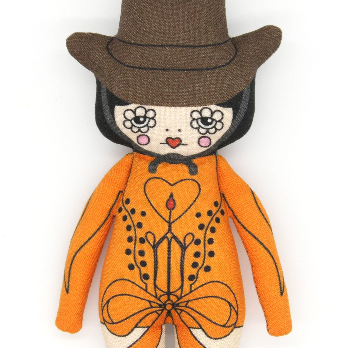 Plush toy with orange outfit, brown hat, and black boots on a white background
