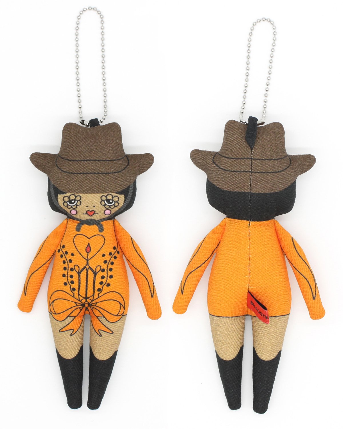 Two identical dolls with orange outfits, black boots, and brown hats on a white background.