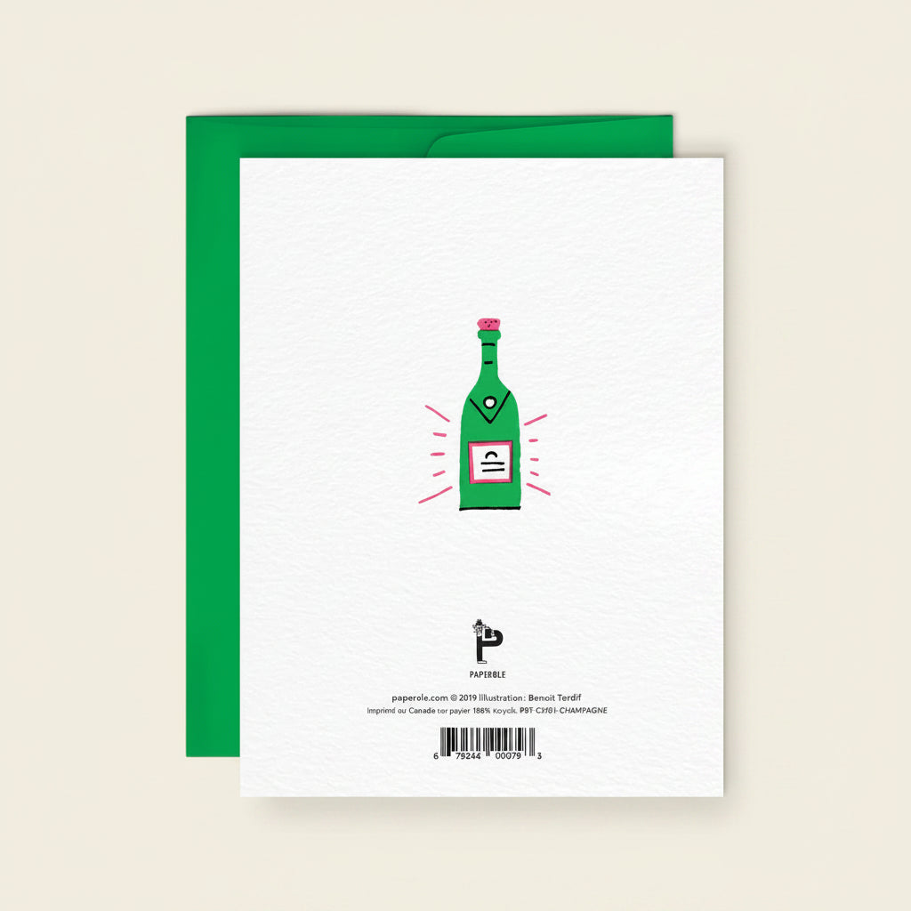 Greeting card with a green bottle illustration on a white background
