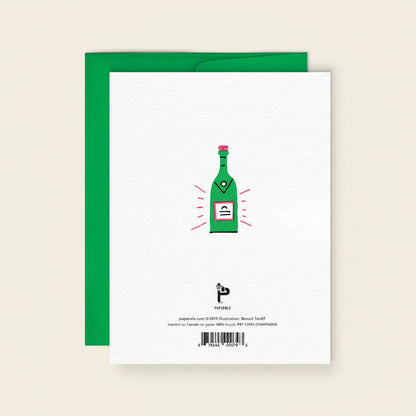 Greeting card with a green bottle illustration on a white background