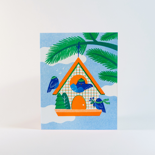 Festive Birdhouse Risograph Greeting Card