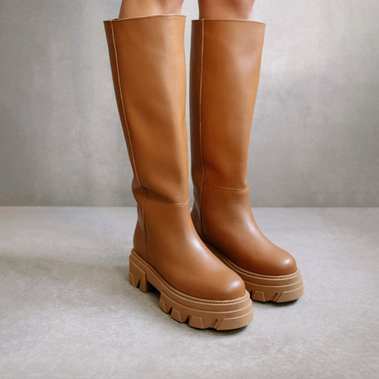 Katiuska Leather High Boots - Camel