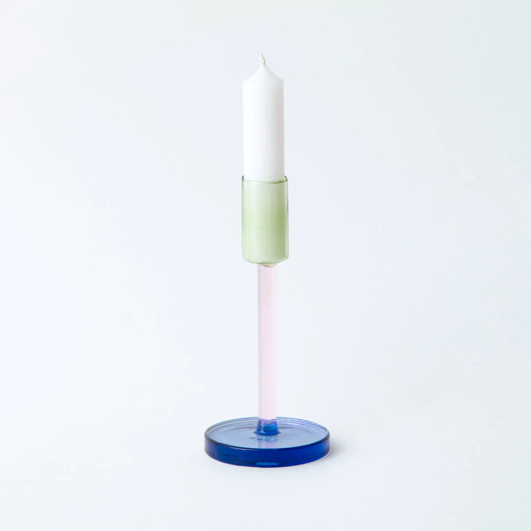 Tall Glass Candlestick Holder – Pink / Green