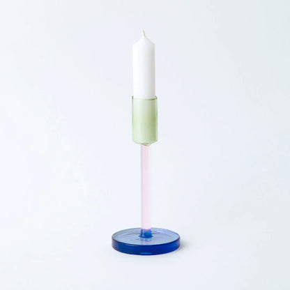 Tall Glass Candlestick Holder – Pink / Green