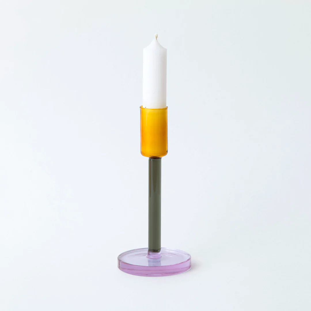 Tall Glass Candlestick Holder – Grey / Orange