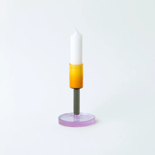 Medium Glass Candlestick Holder – Grey / Orange