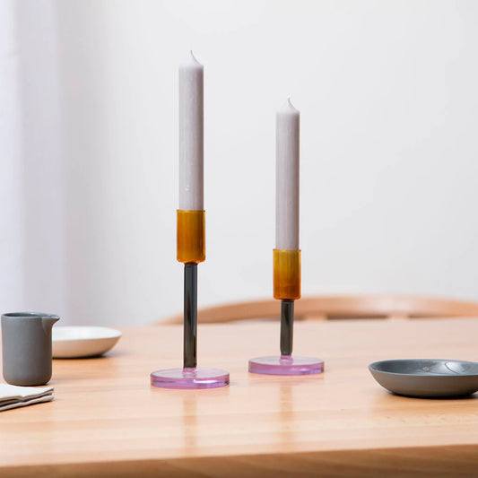 Medium Glass Candlestick Holder – Grey / Orange