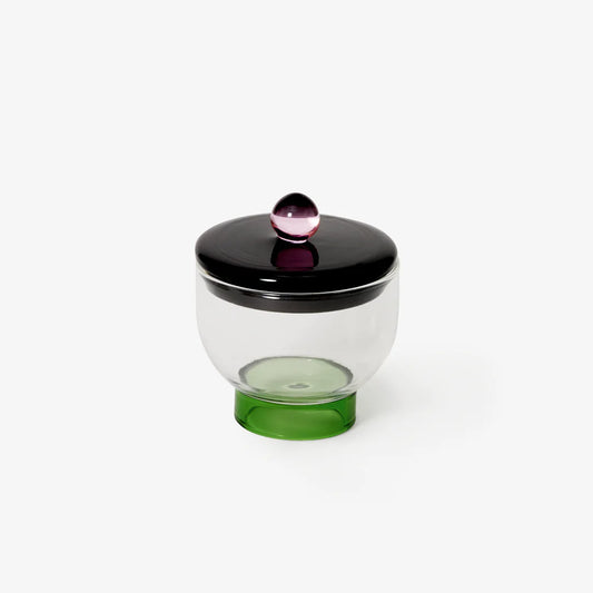 Areaware glass Salt Bowl with green base, clear body, and black and pink lid 